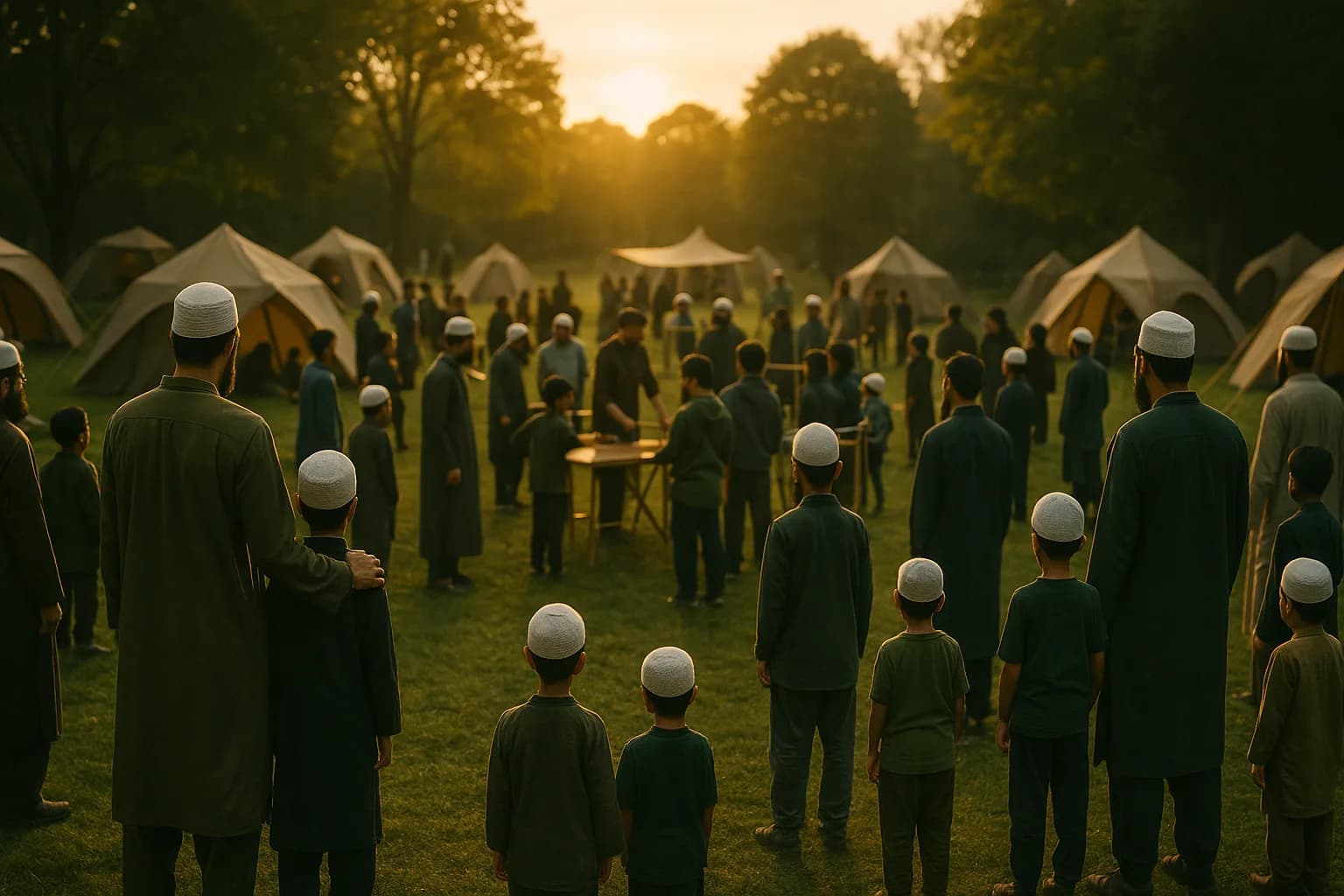 A large gathering of Muslim fathers and sons at a golden-hour campsite event with tents and activity stations.