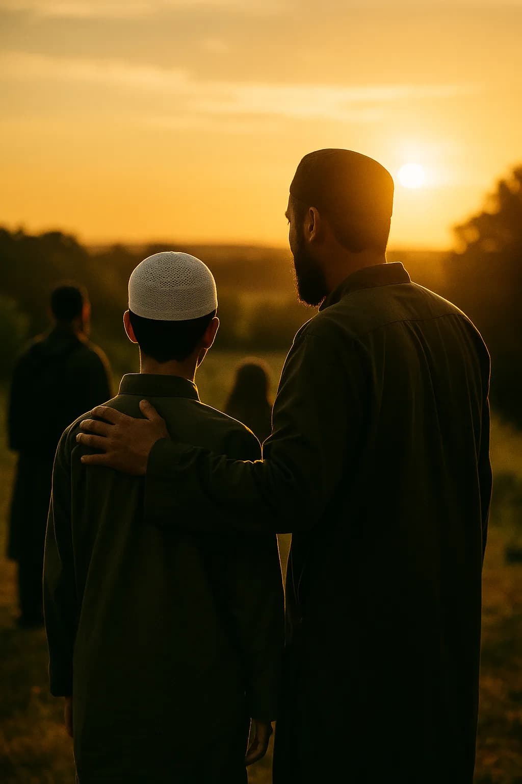 A father resting a hand on his son's shoulder as they look toward the horizon together at golden hour.