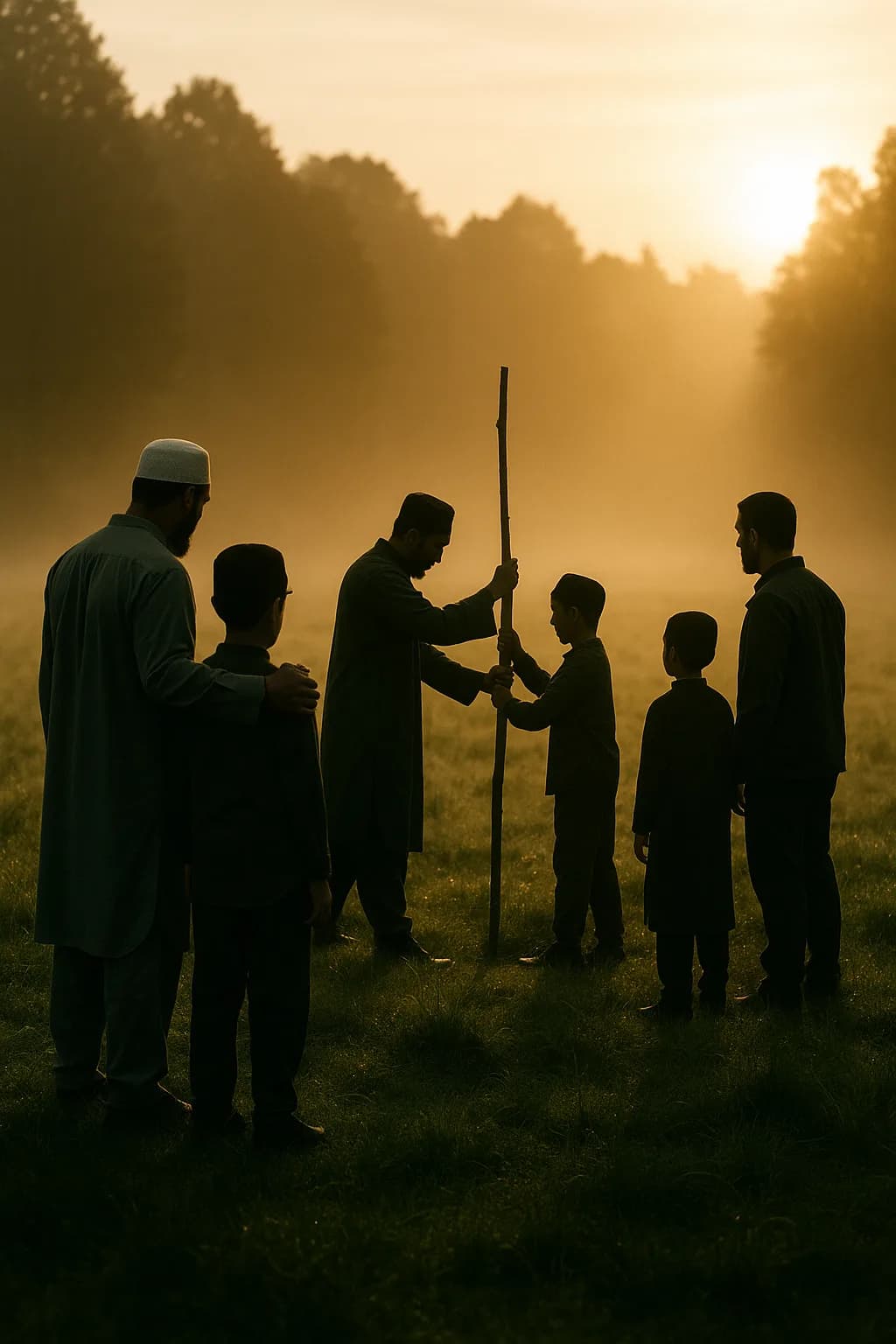 Silhouettes of fathers and sons at dawn mist over a green meadow.