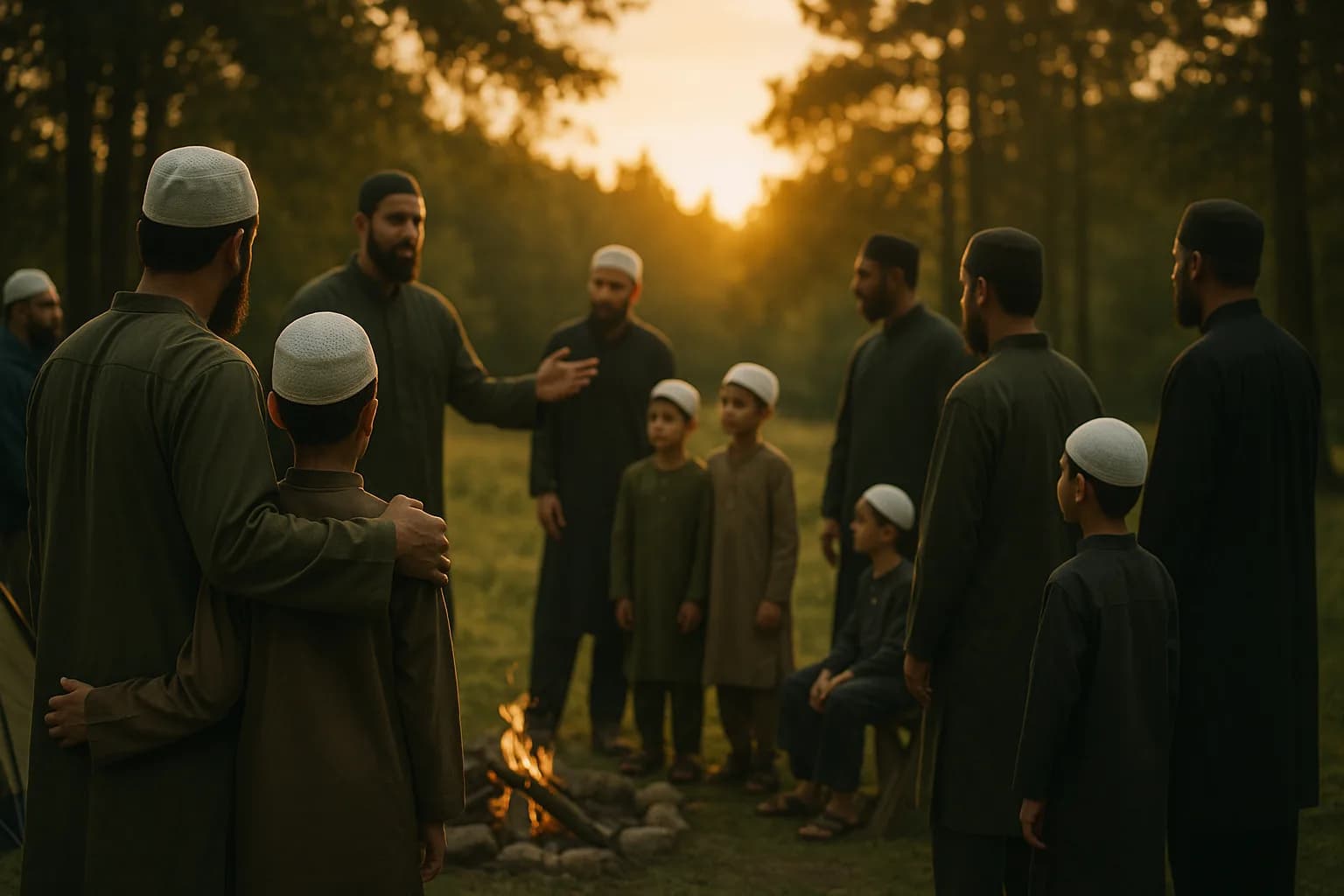 Cinematic group composition of fathers and sons at a campsite during golden hour.