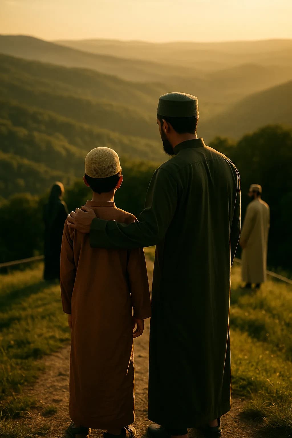 A father and son reaching a green hilltop overlook together, viewed from behind.