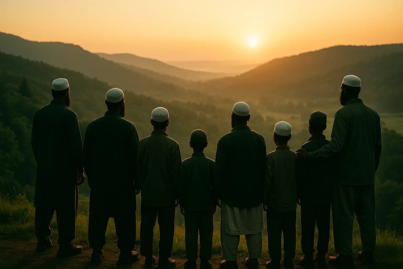 A line of Muslim fathers and sons standing together on a ridge at dawn, looking out over a green valley.