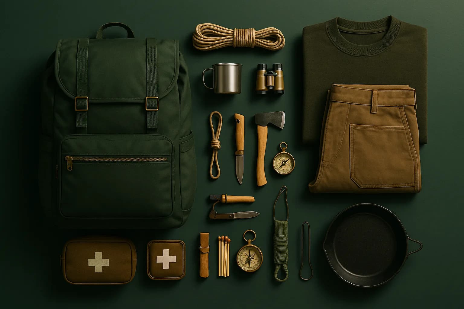 A premium flat-lay of outdoor gear: a backpack, camping, fire, first-aid, fishing, and foraging equipment, and folded apparel.