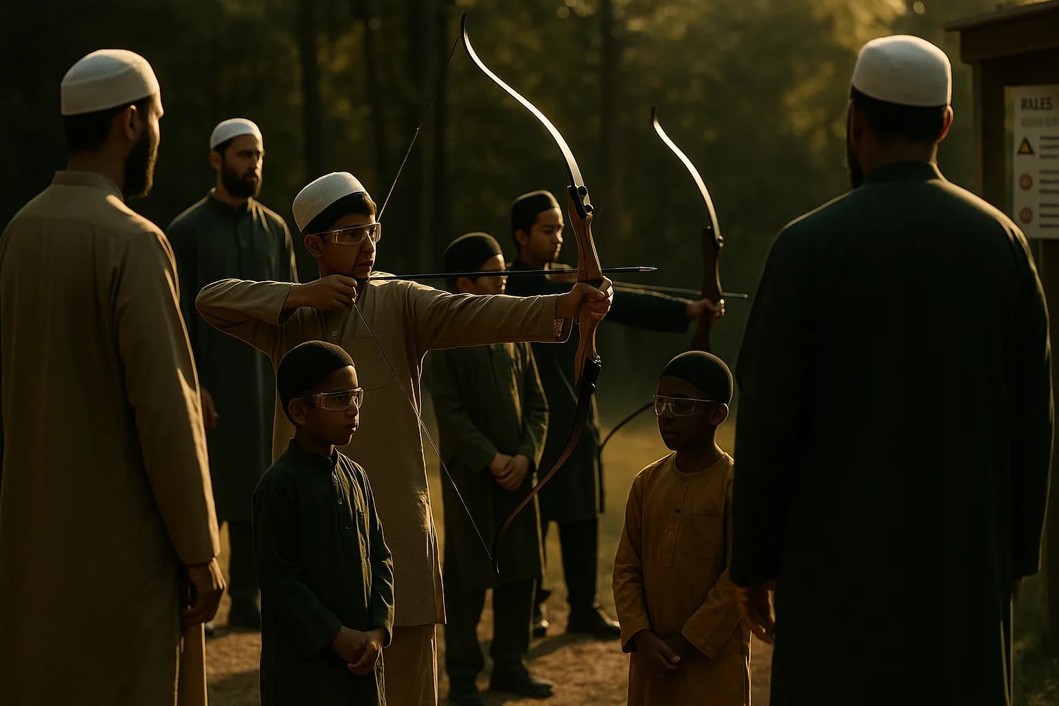 Diverse Muslim boys learning archery outdoors under adult supervision; fathers nearby observing.