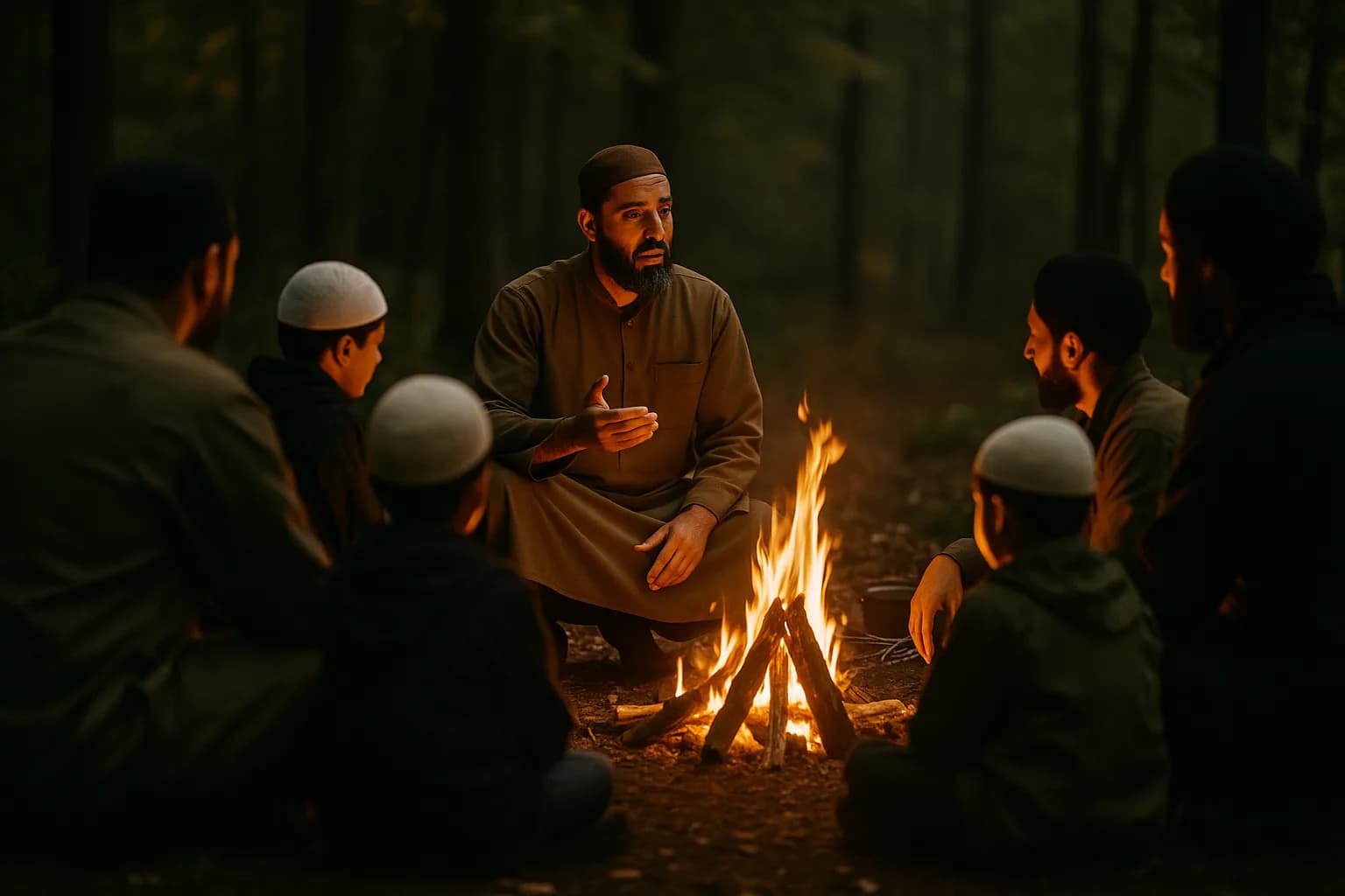 Father-son group sitting around a small controlled campfire at dusk, listening to a mentor.