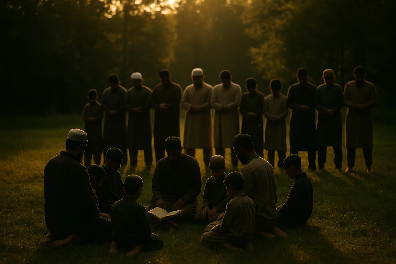 Fathers and sons in an outdoor jama'ah, standing in rows for salah on a grassy clearing at golden hour.