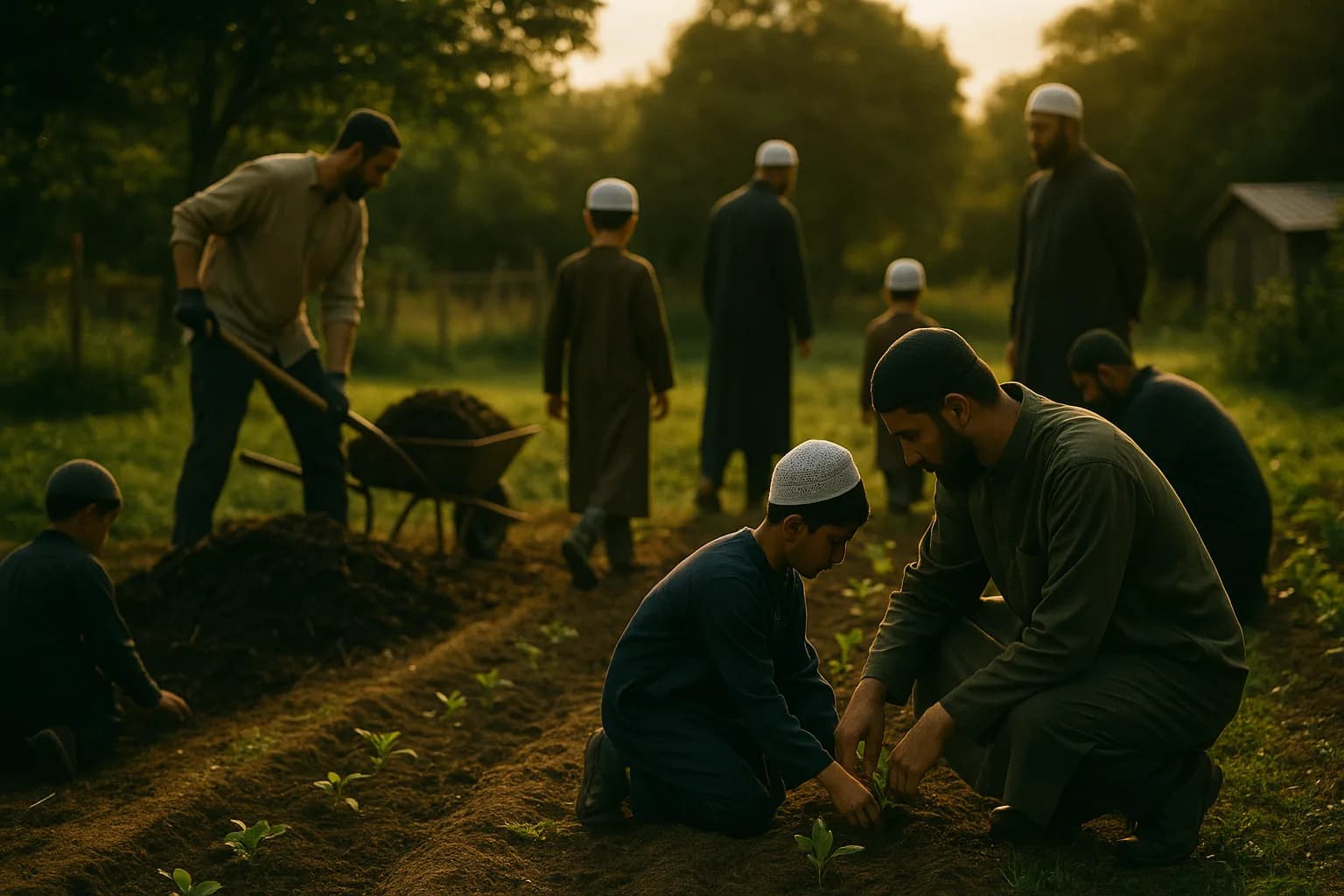 Fathers and sons planting seedlings and composting at a small farm garden.
