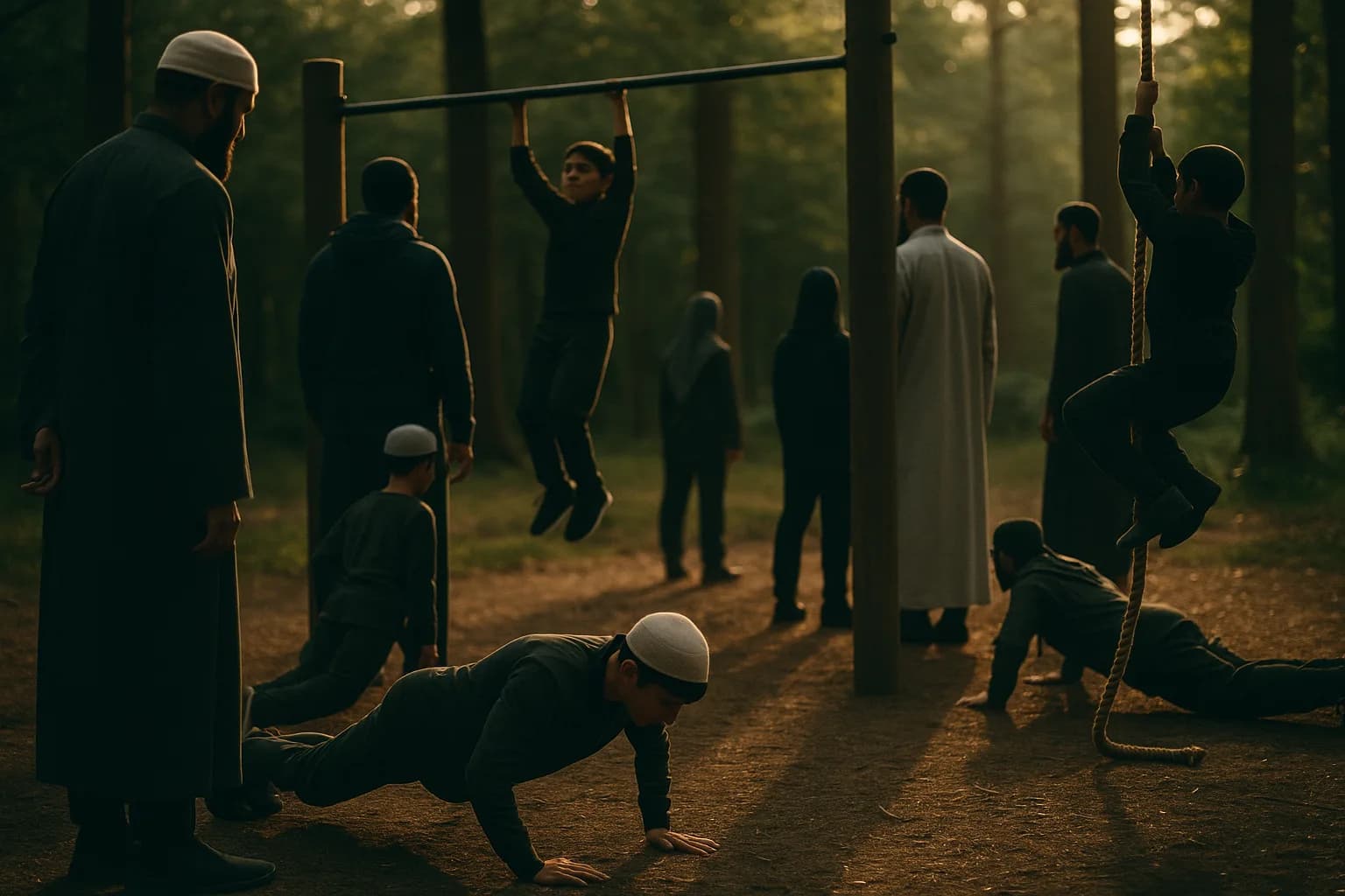 Muslim boys doing a disciplined outdoor fitness challenge (pushups, pullups, rope climbing) with fathers nearby.