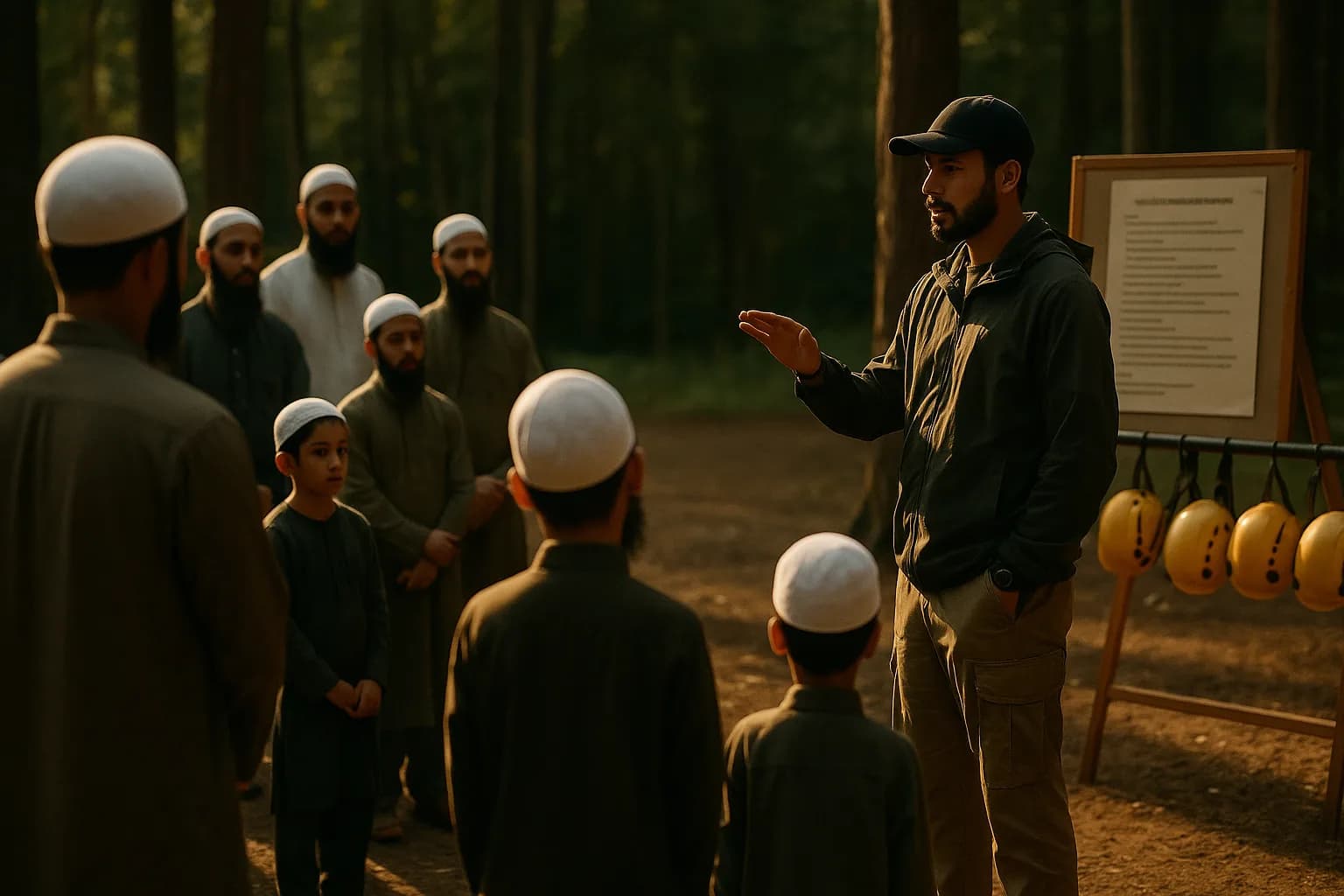 An instructor giving a safety briefing to a group of fathers and sons before an activity, with posted rules visible.
